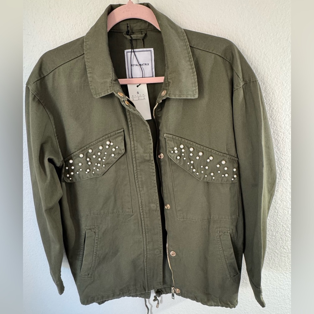 Royal Matrix NWT Olive Green Denim Jacket With Pearl Accents SZ S